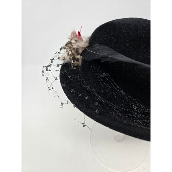 VINTAGE CHRISTINE ORIGINAL NEW YORK BLACK EMBELLISHED BOWLER HAT FEATHERS WOMEN - Picture 4 of 12